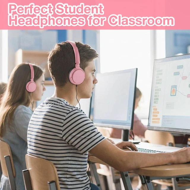 Alt view image 4 of 7 - Yunsailing 18 Pack Classroom Headphones Bulk, Wired Headphones,Pink | Student School Supplies, Individually Wrapped, Adjustable, over Ear Head Earbuds, for Laptop PC Computer