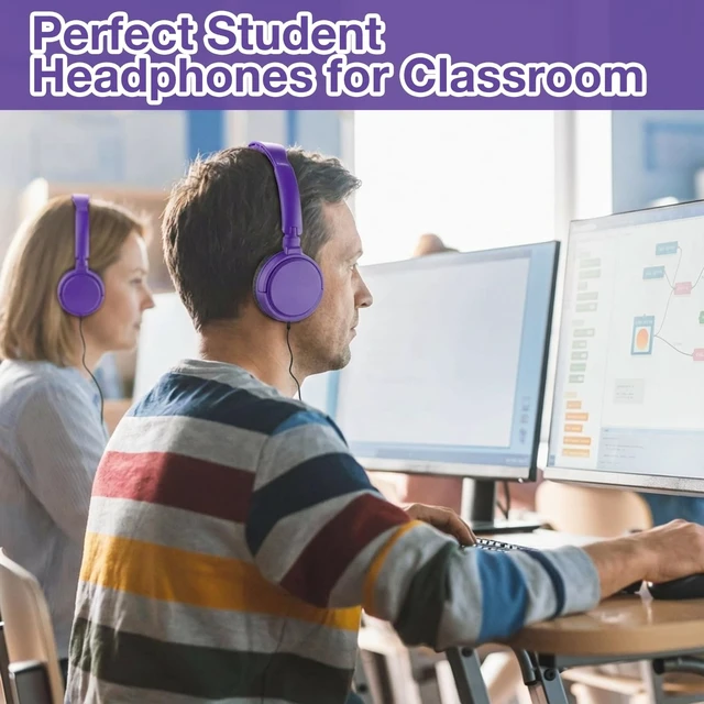 Alt view image 4 of 7 - Yunsailing 18 Pack Classroom Headphones Bulk, Wired Headphones,Purple | Student School Supplies, Individually Wrapped, Adjustable, over Ear Head Earbuds, for Laptop PC Computer