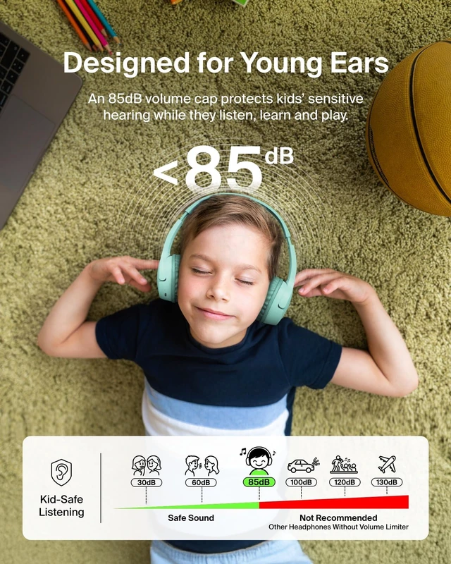 Alt view image 2 of 7 - Belkin SoundForm Mini Kids Headphones, Wireless&Wired, 30H Playime, School | Headphones for Kids, Built-in Microphone, 85dB Volume Limit, USB-C, 3.5mm AUX, for School, Classroom, Travel, Laptop