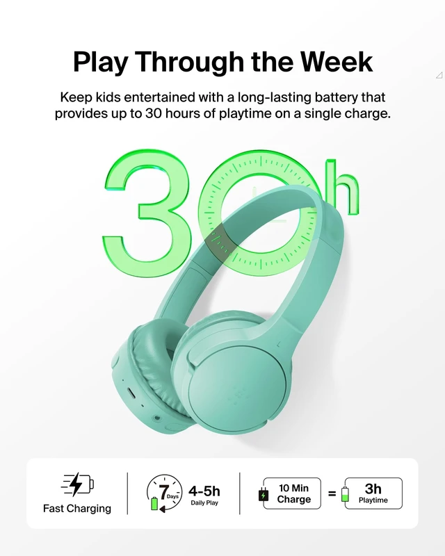 Alt view image 3 of 7 - Belkin SoundForm Mini Kids Headphones, Wireless&Wired, 30H Playime, School | Headphones for Kids, Built-in Microphone, 85dB Volume Limit, USB-C, 3.5mm AUX, for School, Classroom, Travel, Laptop