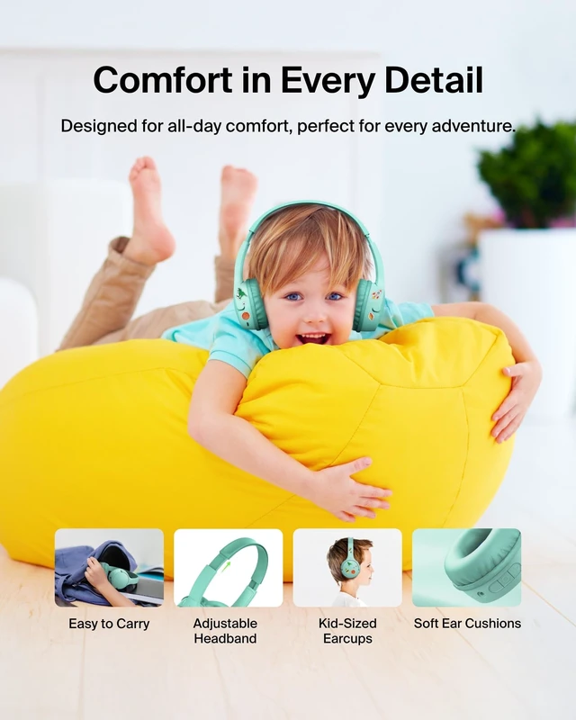 Alt view image 6 of 7 - Belkin SoundForm Mini Kids Headphones, Wireless&Wired, 30H Playime, School | Headphones for Kids, Built-in Microphone, 85dB Volume Limit, USB-C, 3.5mm AUX, for School, Classroom, Travel, Laptop
