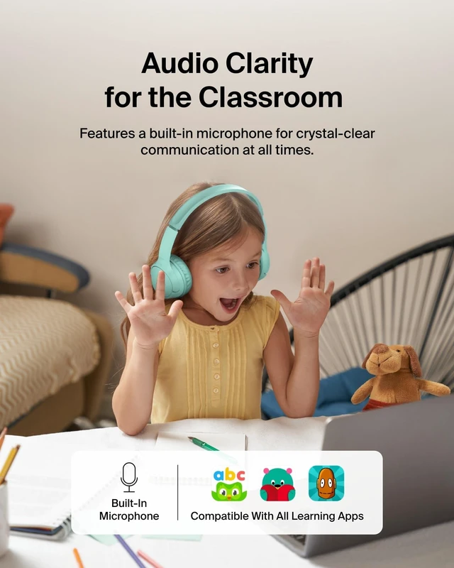 Alt view image 5 of 7 - Belkin SoundForm Mini Kids Headphones, Wireless&Wired, 30H Playime, School | Headphones for Kids, Built-in Microphone, 85dB Volume Limit, USB-C, 3.5mm AUX, for School, Classroom, Travel, Laptop