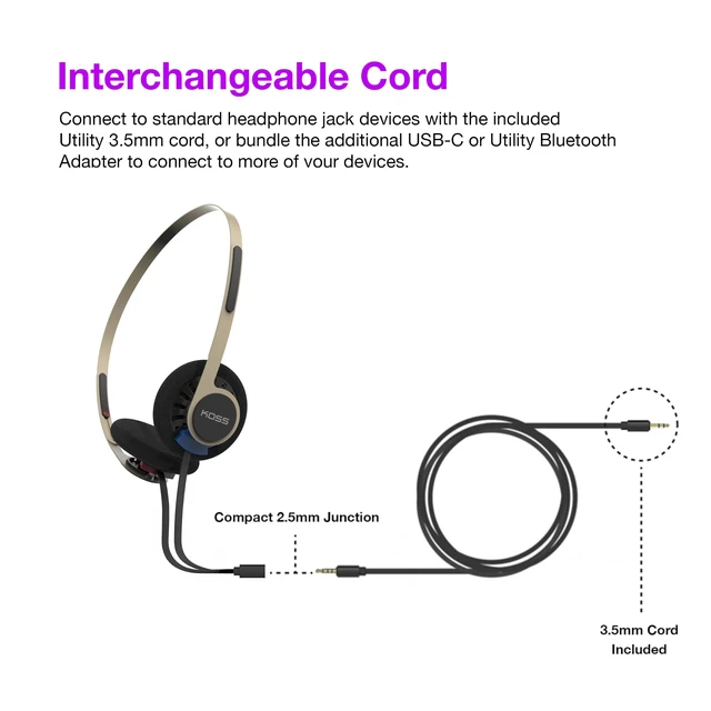 Alt view image 4 of 7 - Koss KPH40 Utility On-Ear Headphones, Rhythm Beige, Interchangeable Cord | Lightweight, Ultra-Wide Frequency Response, Stainless Steel Adjustable Headband