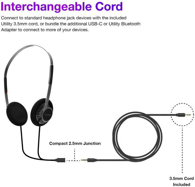 Alt view image 4 of 7 - Koss KPH40 Utility On-Ear Headphones, Stealth Grey, Interchangeable Cord | Lightweight, Ultra-Wide Frequency Response, Stainless Steel Adjustable Headband