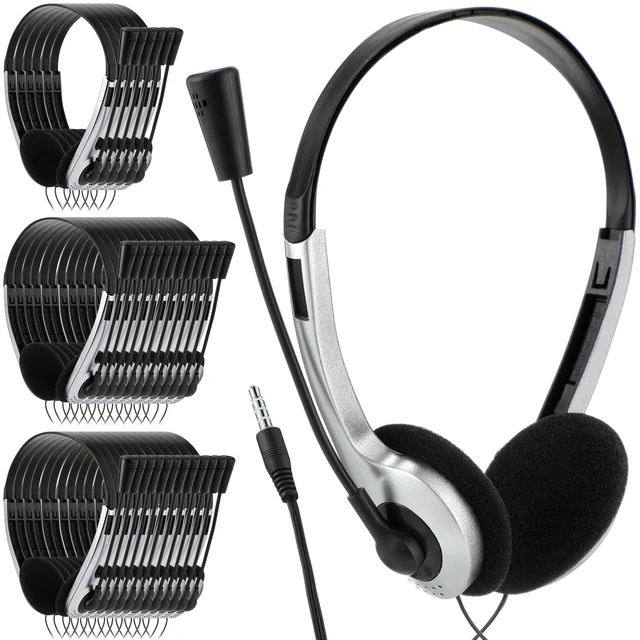 Main image of Yunsailing 30 Pack Classroom Headphones with Mic, Silver, Plastic Stem | School Student Headphones Bulk Class Set Lightweight Adjustable Earphones with Microphone on Ear with 3.5 mm Jack