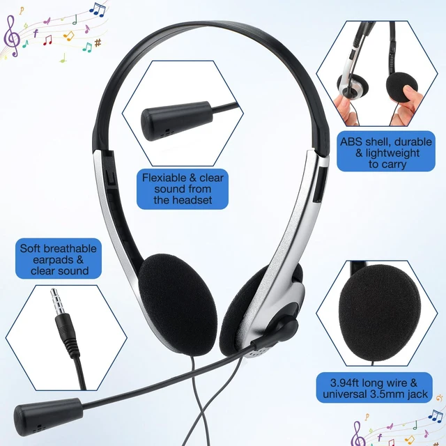 Alt view image 2 of 6 - Yunsailing 30 Pack Classroom Headphones with Mic, Silver, Plastic Stem | School Student Headphones Bulk Class Set Lightweight Adjustable Earphones with Microphone on Ear with 3.5 mm Jack
