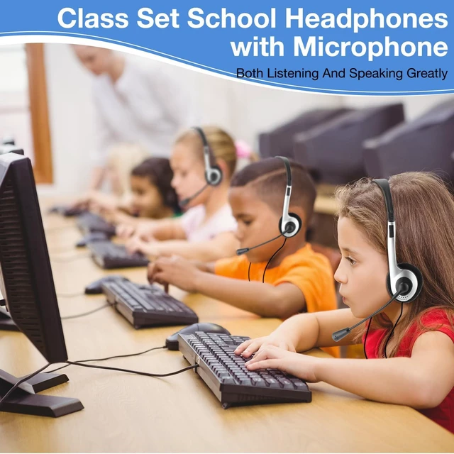 Alt view image 4 of 6 - Yunsailing 30 Pack Classroom Headphones with Mic, Silver, Plastic Stem | School Student Headphones Bulk Class Set Lightweight Adjustable Earphones with Microphone on Ear with 3.5 mm Jack