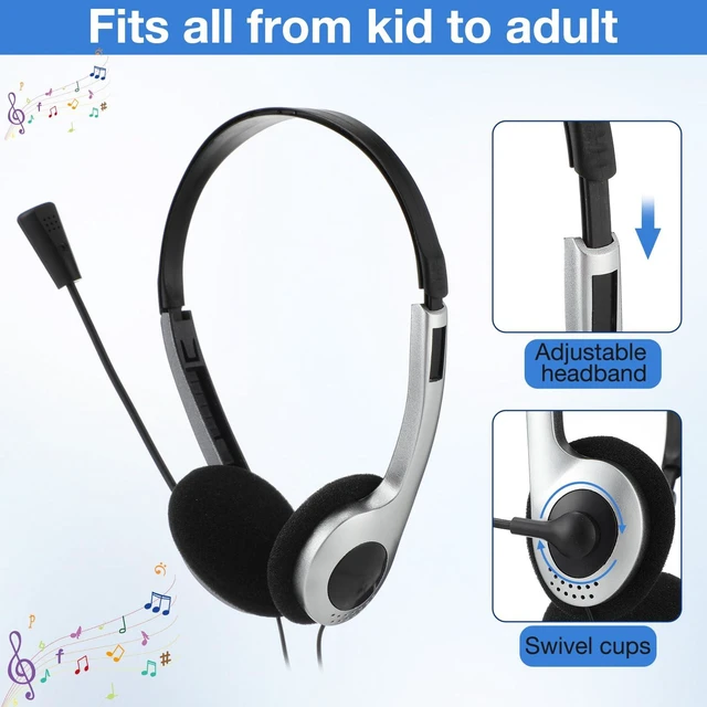 Alt view image 3 of 6 - Yunsailing 30 Pack Classroom Headphones with Mic, Silver, Plastic Stem | School Student Headphones Bulk Class Set Lightweight Adjustable Earphones with Microphone on Ear with 3.5 mm Jack