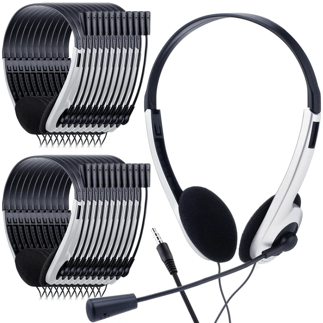 Main image of Yunsailing 30 Pack Classroom Headphones with Mic, White, Plastic Stem | School Student Headphones Bulk Class Set Lightweight Adjustable Earphones with Microphone on Ear with 3.5 mm Jack