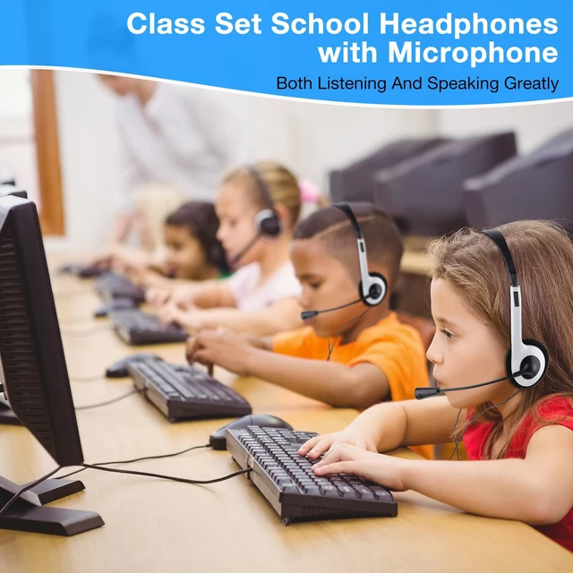 Alt view image 3 of 6 - Yunsailing 30 Pack Classroom Headphones with Mic, White, Plastic Stem | School Student Headphones Bulk Class Set Lightweight Adjustable Earphones with Microphone on Ear with 3.5 mm Jack