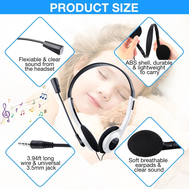 Alt view image 6 of 6 - Yunsailing 30 Pack Classroom Headphones with Mic, White, Plastic Stem | School Student Headphones Bulk Class Set Lightweight Adjustable Earphones with Microphone on Ear with 3.5 mm Jack