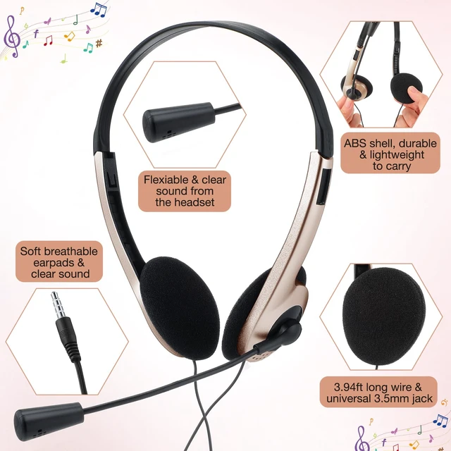 Alt view image 3 of 6 - 30 Pack Classroom Headphones with Mic, Champagne, Plastic Stem School Student Headphones Bulk Class Set Lightweight Adjustable Earphones with Microphone on Ear with 3.5 mm Jack