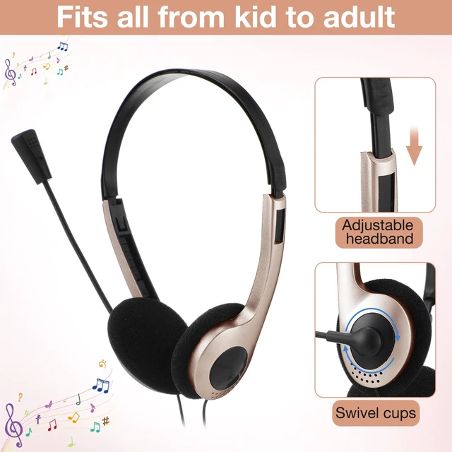 Alt view image 2 of 6 - 30 Pack Classroom Headphones with Mic, Champagne, Plastic Stem School Student Headphones Bulk Class Set Lightweight Adjustable Earphones with Microphone on Ear with 3.5 mm Jack