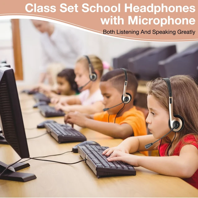 Alt view image 4 of 6 - 30 Pack Classroom Headphones with Mic, Champagne, Plastic Stem School Student Headphones Bulk Class Set Lightweight Adjustable Earphones with Microphone on Ear with 3.5 mm Jack