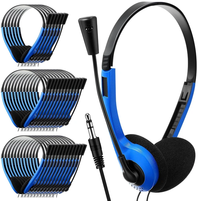 Main image of Yunsailing 30 Pack Classroom Headphones with Mic, Blue, Plastic Stem | School Student Headphones Bulk Class Set Lightweight Adjustable Earphones with Microphone on Ear with 3.5 mm Jack