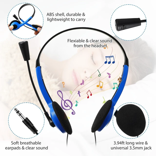Alt view image 3 of 6 - Yunsailing 30 Pack Classroom Headphones with Mic, Blue, Plastic Stem | School Student Headphones Bulk Class Set Lightweight Adjustable Earphones with Microphone on Ear with 3.5 mm Jack