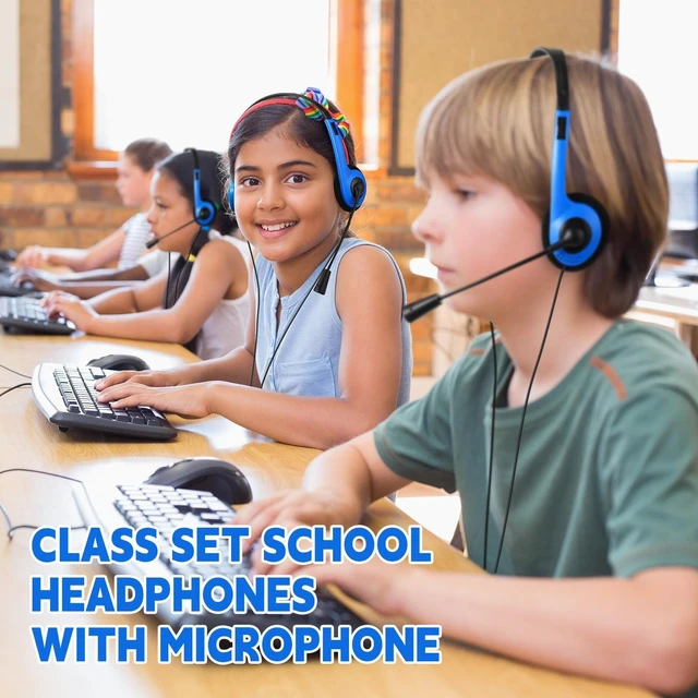 Alt view image 4 of 6 - Yunsailing 30 Pack Classroom Headphones with Mic, Blue, Plastic Stem | School Student Headphones Bulk Class Set Lightweight Adjustable Earphones with Microphone on Ear with 3.5 mm Jack