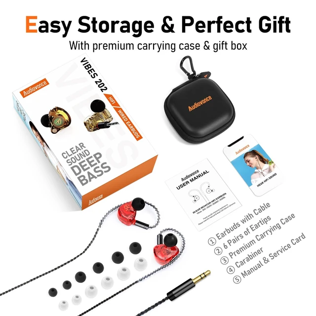Alt view image 7 of 7 - Audiovance Vibes 202 HiFi Wired Earbuds, IEM in-Ear Monitor Headphones | Clear Sound, Deep Bass, Noise-Isolating Ear Buds, Silver-Plated Cord, Comfort Fit, Gaming IEM Earphones, Case, 3.5mm No MIC