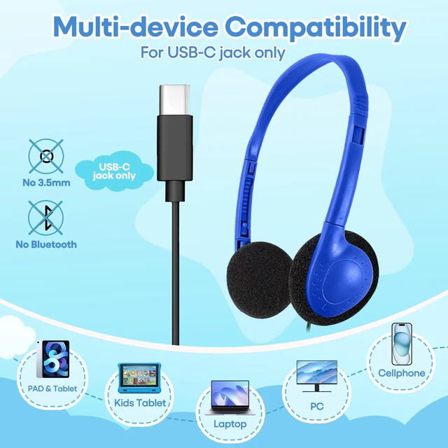 Alt view image 7 of 7 - Type C Kids Headphones Bulk 20 Pack for School Classroom, Upgrade USB Type C Wired Headphones for Boys Girls Students Travel Learning Compatible with Tablet Smartphones Chromebook (LS857C,20 Mixed)