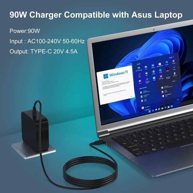 Alt view image 2 of 7 - KAQIAR 90W USB C Fast Charger Compatible with Asus Vivobook Zenbook Laptops | Vivobook 15/14X/16/16X/S17/18 OLED,S5506MA/M5406WA/S5406MA/K3405VF,Zenbook 13,S13,Flip3,Deluxe,Duo14