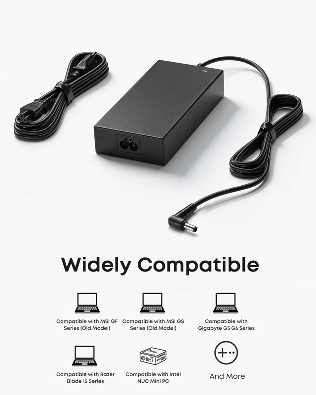 Alt view image 6 of 6 - Laptop Charger 180W 150W 120W Fit for MSI GF63 GF65 Thin GS63 GS65 | Compatible MSI Gaming Laptop GF75 GS73 GS75 Stealth, Razer Blade 15, Gigabyte G5 G6, 5.5x2.5mm AC Adapter Power Cord Supply