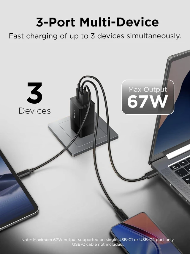 Alt view image 2 of 7 - Lenovo 67W USB-C Charger, 3-Port Multi-Device Fast Charging, Advanced GaN Charger Block, Compact Fast Wall Charger, for MacBook Pro/Air, Dell XPS, iPhone 16 Series, Samsung Galaxy, and More