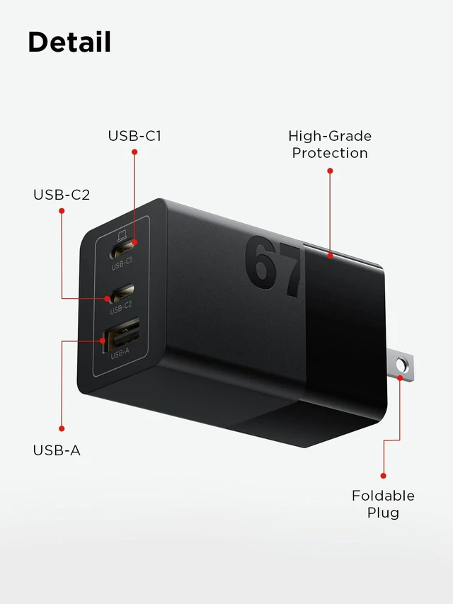 Alt view image 6 of 7 - Lenovo 67W USB-C Charger, 3-Port Multi-Device Fast Charging, Advanced GaN Charger Block, Compact Fast Wall Charger, for MacBook Pro/Air, Dell XPS, iPhone 16 Series, Samsung Galaxy, and More