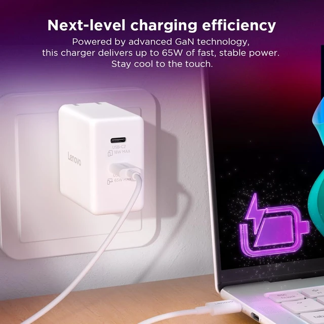 Alt view image 3 of 7 - Lenovo Dual USB-C 65W GaN Charger, 2 USB-C Ports, for Laptops/Tablets & Phones & More, Compact Size, Foldable Plug, Includes 1.5m USB C Cable, Model/Type: CC65, White