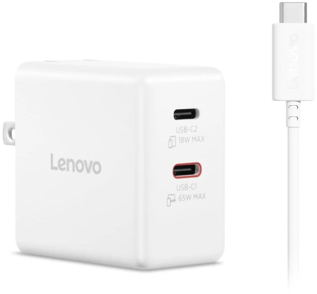 Main image of Lenovo Dual USB-C 65W GaN Charger, 2 USB-C Ports, for Laptops/Tablets & Phones & More, Compact Size, Foldable Plug, Includes 1.5m USB C Cable, Model/Type: CC65, White