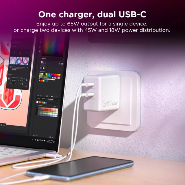 Alt view image 4 of 7 - Lenovo Dual USB-C 65W GaN Charger, 2 USB-C Ports, for Laptops/Tablets & Phones & More, Compact Size, Foldable Plug, Includes 1.5m USB C Cable, Model/Type: CC65, White