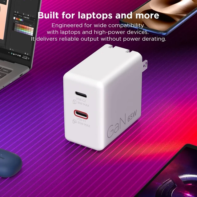 Alt view image 5 of 7 - Lenovo Dual USB-C 65W GaN Charger, 2 USB-C Ports, for Laptops/Tablets & Phones & More, Compact Size, Foldable Plug, Includes 1.5m USB C Cable, Model/Type: CC65, White