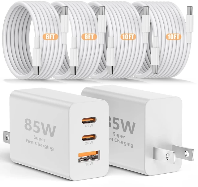 Main image of 85W C Wall Charger Block for iPhone 18/17/16/15/Pro/Pro Max, 3port 100W USB C Fast Wall Charger Adapter Plug and 4Pack 6/6/10/10FT Long USBC Quick Charge Cable Cord for iPhone/ipad/MacBook Pro/Air