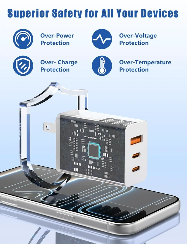 Alt view image 3 of 7 - 85W C Wall Charger Block for iPhone 18/17/16/15/Pro/Pro Max, 3port 100W USB C Fast Wall Charger Adapter Plug and 4Pack 6/6/10/10FT Long USBC Quick Charge Cable Cord for iPhone/ipad/MacBook Pro/Air