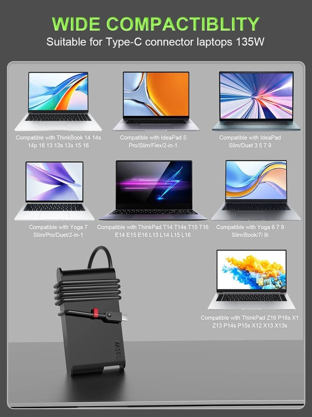 Alt view image 3 of 7 - PowerPortnerLink Slim 135W USB-C Laptop Charger for Lenovo Computer | ThinkPad Z16 T16 P16 P16s E16, Yoga Slim/Pro 7 9, ThinkBook 16 14p 14 15, IdeaPad Slim Pro 5 7 9 Power Cord