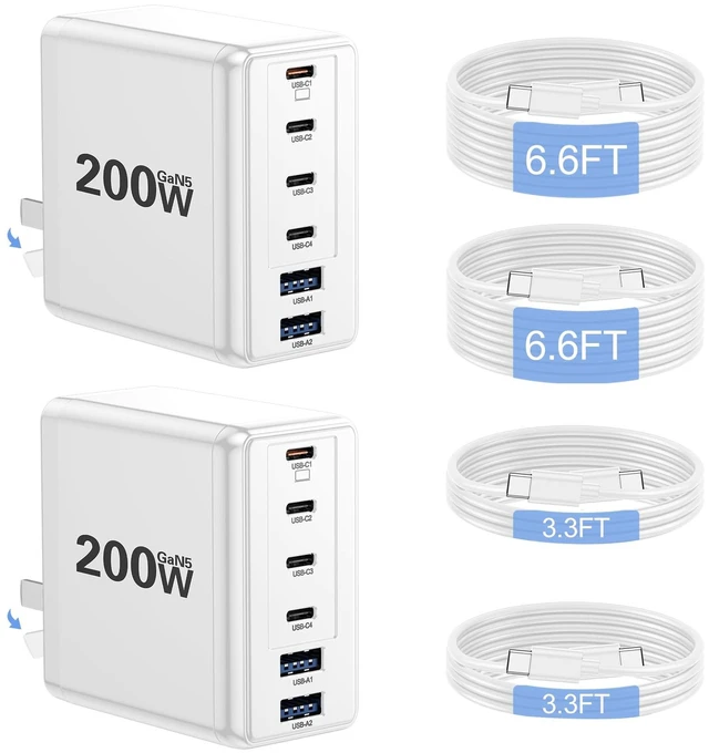 Main image of Lcssio 2 Pack 200W USB C Charger with 4 USB Cables, 6-Port Wall Charger | Fast Charging, Safety Certified, Compact Design, Organized Charging, Multiple Devices at Once, Universal Compatibility