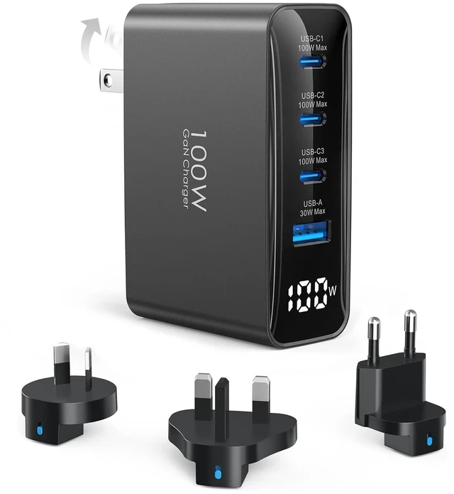 Main image of Topadre 100W USB C Charger Block, 4-Port Foldable Travel Adapter,Black | Foldable 4-port USB-C PD charger, UK/EU/AU plug adapter, for MacBook Pro/Air, iPad Pro, iPhone 16/15 Pro Max, Galaxy 45W