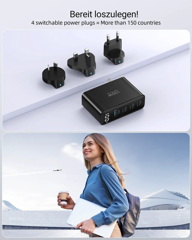 Alt view image 2 of 7 - Topadre 100W USB C Charger Block, 4-Port Foldable Travel Adapter,Black | Foldable 4-port USB-C PD charger, UK/EU/AU plug adapter, for MacBook Pro/Air, iPad Pro, iPhone 16/15 Pro Max, Galaxy 45W