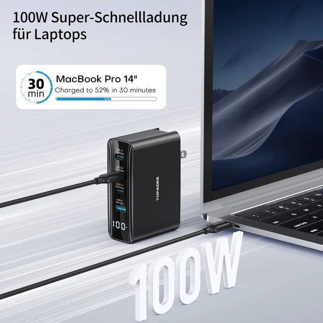 Alt view image 3 of 7 - Topadre 100W USB C Charger Block, 4-Port Foldable Travel Adapter,Black | Foldable 4-port USB-C PD charger, UK/EU/AU plug adapter, for MacBook Pro/Air, iPad Pro, iPhone 16/15 Pro Max, Galaxy 45W
