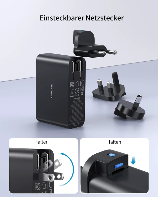 Alt view image 6 of 7 - Topadre 100W USB C Charger Block, 4-Port Foldable Travel Adapter,Black | Foldable 4-port USB-C PD charger, UK/EU/AU plug adapter, for MacBook Pro/Air, iPad Pro, iPhone 16/15 Pro Max, Galaxy 45W