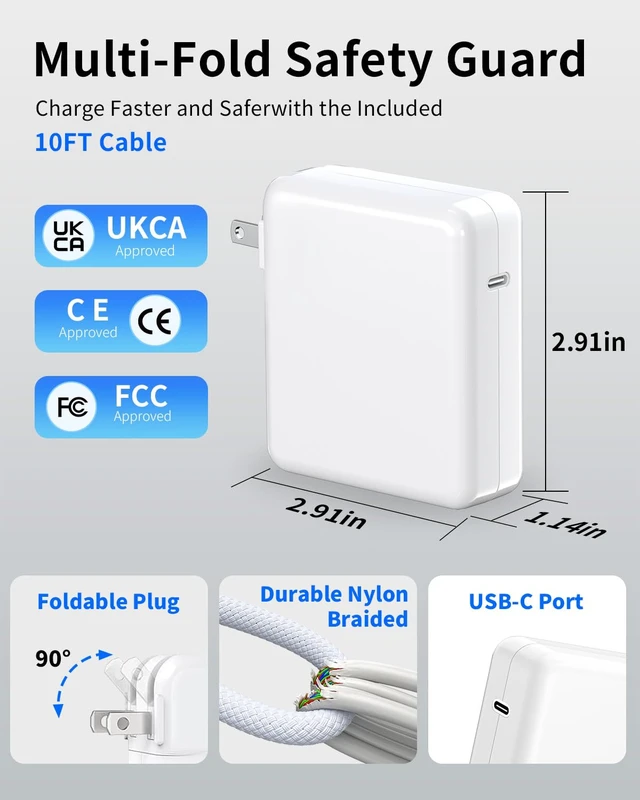 Alt view image 3 of 7 - MacBook Pro Charger - 61W USB C Power Adapter with 10FT USB-C Braided Cable | Original QualityFast Charger for MacBook Air 13 14 15 16 inch MacBook Pro M1-M5, 2017-2026, iPhone, iPad Pro/Mini/Pods