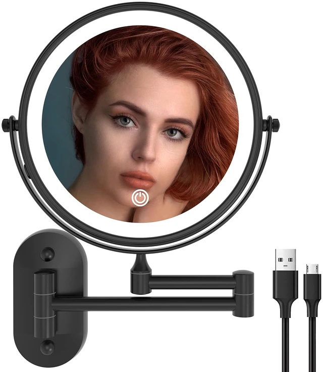 Main image of Ruacq Wall Mounted Makeup Mirror with 3 Lights, 1X/10X, Matte Black | Rechargeable Adjustable Brightness, Stainless Steel, Round, Gift for Mom, Women, Wife, Girls, Dorm Room Essential