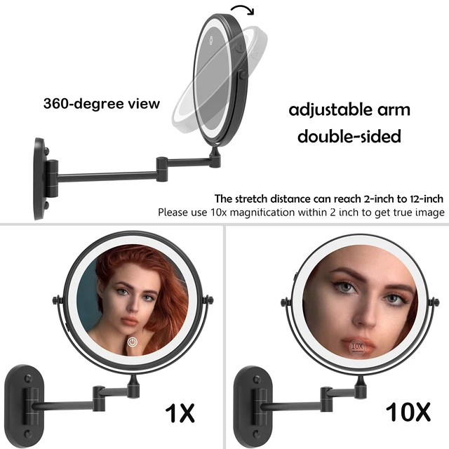 Alt view image 5 of 6 - Ruacq Wall Mounted Makeup Mirror with 3 Lights, 1X/10X, Matte Black | Rechargeable Adjustable Brightness, Stainless Steel, Round, Gift for Mom, Women, Wife, Girls, Dorm Room Essential