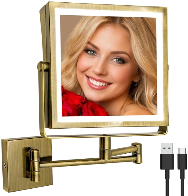 Main image of Ruacq Wall Mounted Makeup Mirror with Lights 1X/10X Antique Brass | 8",4000mAh Rechargeable,Magnification,3 Color,Touch Screen Dimmable,360° Rotation Extension Foldable Arm, Square, Women Gift