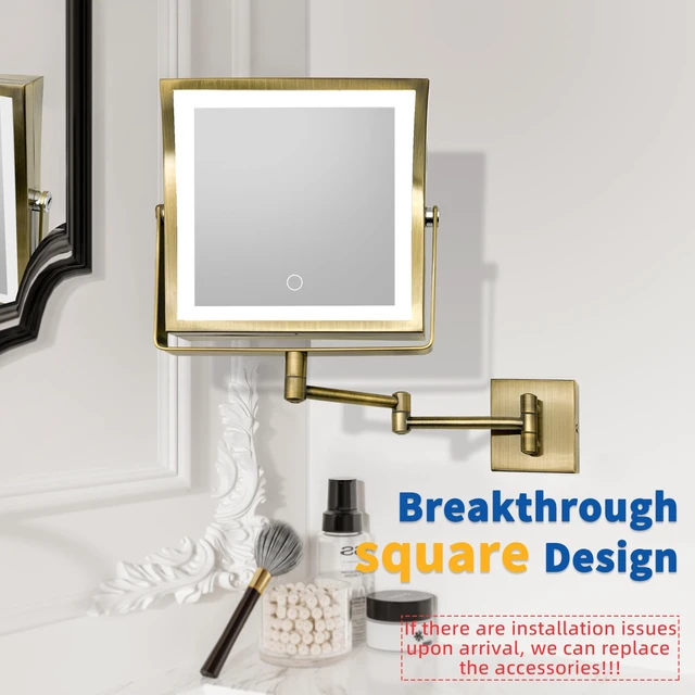 Alt view image 2 of 7 - Ruacq Wall Mounted Makeup Mirror with Lights 1X/10X Antique Brass | 8",4000mAh Rechargeable,Magnification,3 Color,Touch Screen Dimmable,360° Rotation Extension Foldable Arm, Square, Women Gift