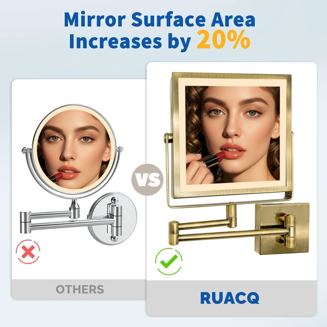 Alt view image 3 of 7 - Ruacq Wall Mounted Makeup Mirror with Lights 1X/10X Antique Brass | 8",4000mAh Rechargeable,Magnification,3 Color,Touch Screen Dimmable,360° Rotation Extension Foldable Arm, Square, Women Gift