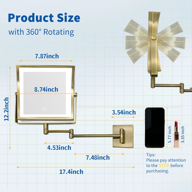 Alt view image 4 of 7 - Ruacq Wall Mounted Makeup Mirror with Lights 1X/10X Antique Brass | 8",4000mAh Rechargeable,Magnification,3 Color,Touch Screen Dimmable,360° Rotation Extension Foldable Arm, Square, Women Gift