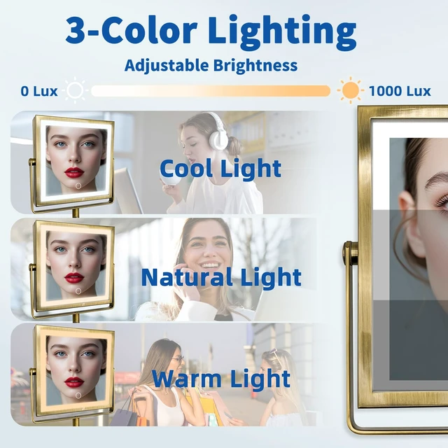 Alt view image 7 of 7 - Ruacq Wall Mounted Makeup Mirror with Lights 1X/10X Antique Brass | 8",4000mAh Rechargeable,Magnification,3 Color,Touch Screen Dimmable,360° Rotation Extension Foldable Arm, Square, Women Gift