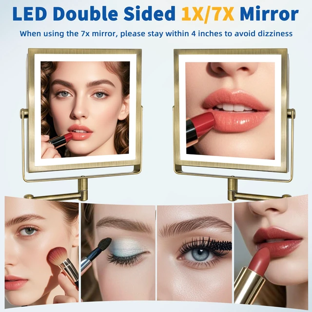Alt view image 5 of 7 - Ruacq Wall Mounted Makeup Mirror with Lights 1X/10X Antique Brass | 8",4000mAh Rechargeable,Magnification,3 Color,Touch Screen Dimmable,360° Rotation Extension Foldable Arm, Square, Women Gift