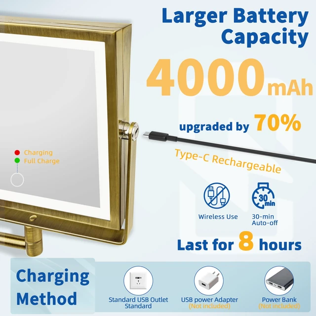 Alt view image 6 of 7 - Ruacq Wall Mounted Makeup Mirror with Lights 1X/10X Antique Brass | 8",4000mAh Rechargeable,Magnification,3 Color,Touch Screen Dimmable,360° Rotation Extension Foldable Arm, Square, Women Gift