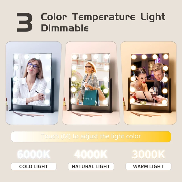 Alt view image 2 of 7 - Vanity Mirror with Lights,Lighted Vanity Mirror with 12 Dimmable Bulbs for Dressing Room & Bedroom,3 Color Lighting,Modes Detachable 10x Magnification 360°Ratation